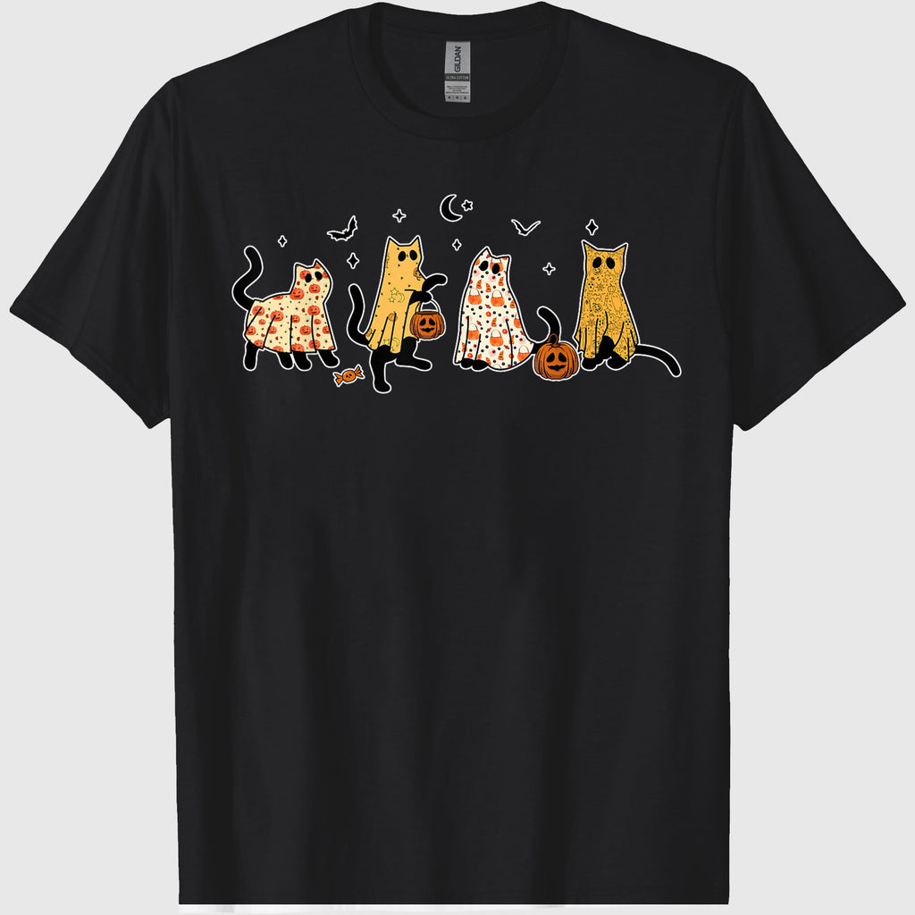 Cute Black Cats in Ghost Costume Women and Men Halloween T-Shirt