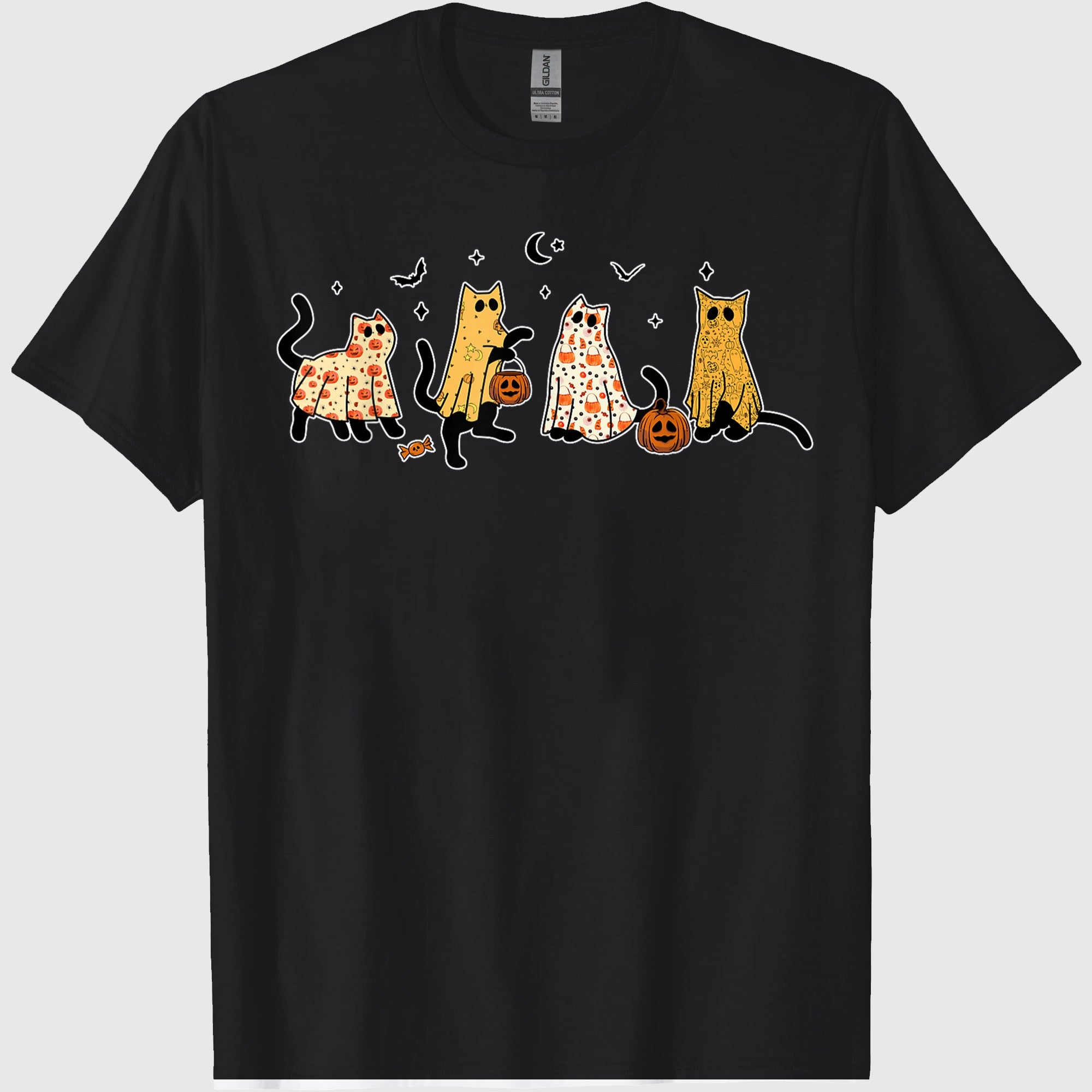 Cute Black Cats in Ghost Costume Women and Men Halloween T-Shirt