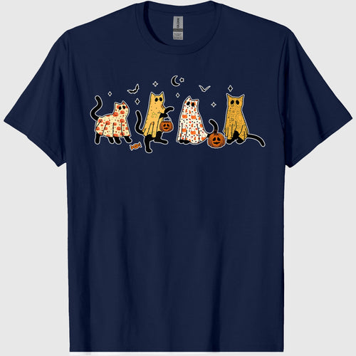 Cute Black Cats in Ghost Costume Women and Men Halloween T-Shirt