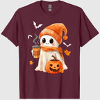 Cute Ghost Drinking Coffee Halloween Ghost Ice Coffee Womens T-Shirt