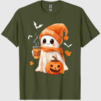 Cute Ghost Drinking Coffee Halloween Ghost Ice Coffee Womens T-Shirt
