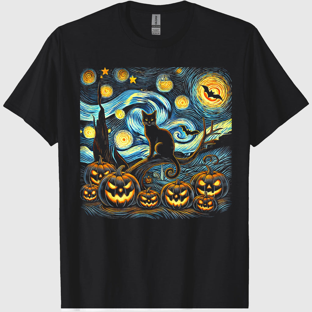 Halloween Van Gogh Starry Night Pumpkin Black Cat Costume T-Shirt