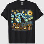 Halloween Van Gogh Starry Night Pumpkin Black Cat Costume T-Shirt