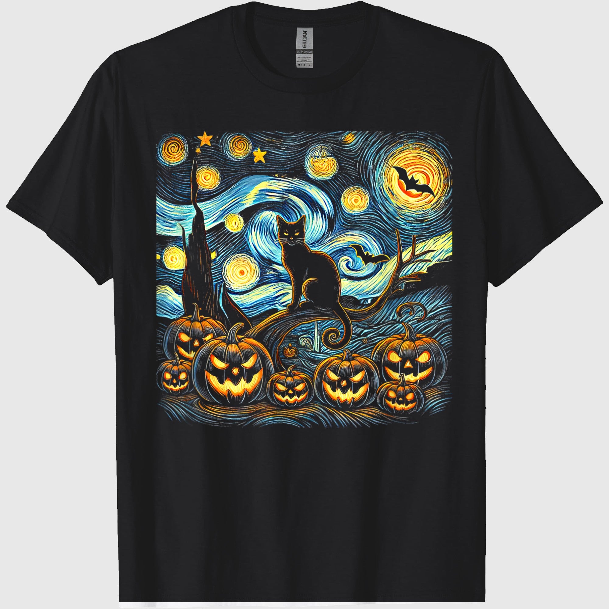 Halloween Van Gogh Starry Night Pumpkin Black Cat Costume T-Shirt