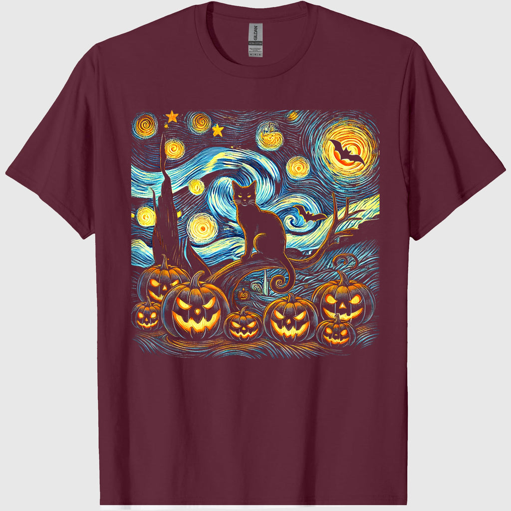 Halloween Van Gogh Starry Night Pumpkin Black Cat Costume T-Shirt