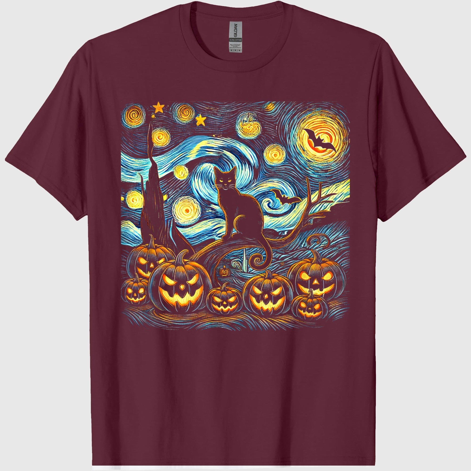 Halloween Van Gogh Starry Night Pumpkin Black Cat Costume T-Shirt