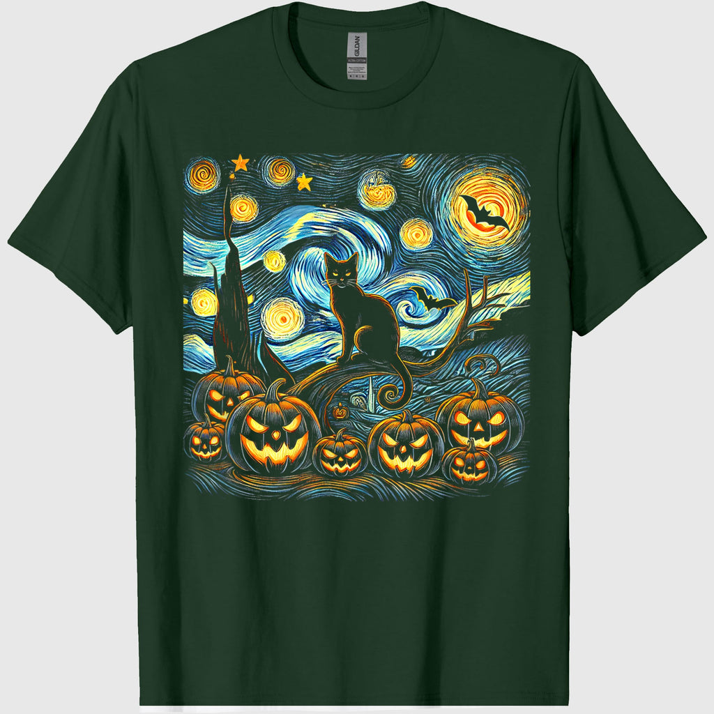 Halloween Van Gogh Starry Night Pumpkin Black Cat Costume T-Shirt