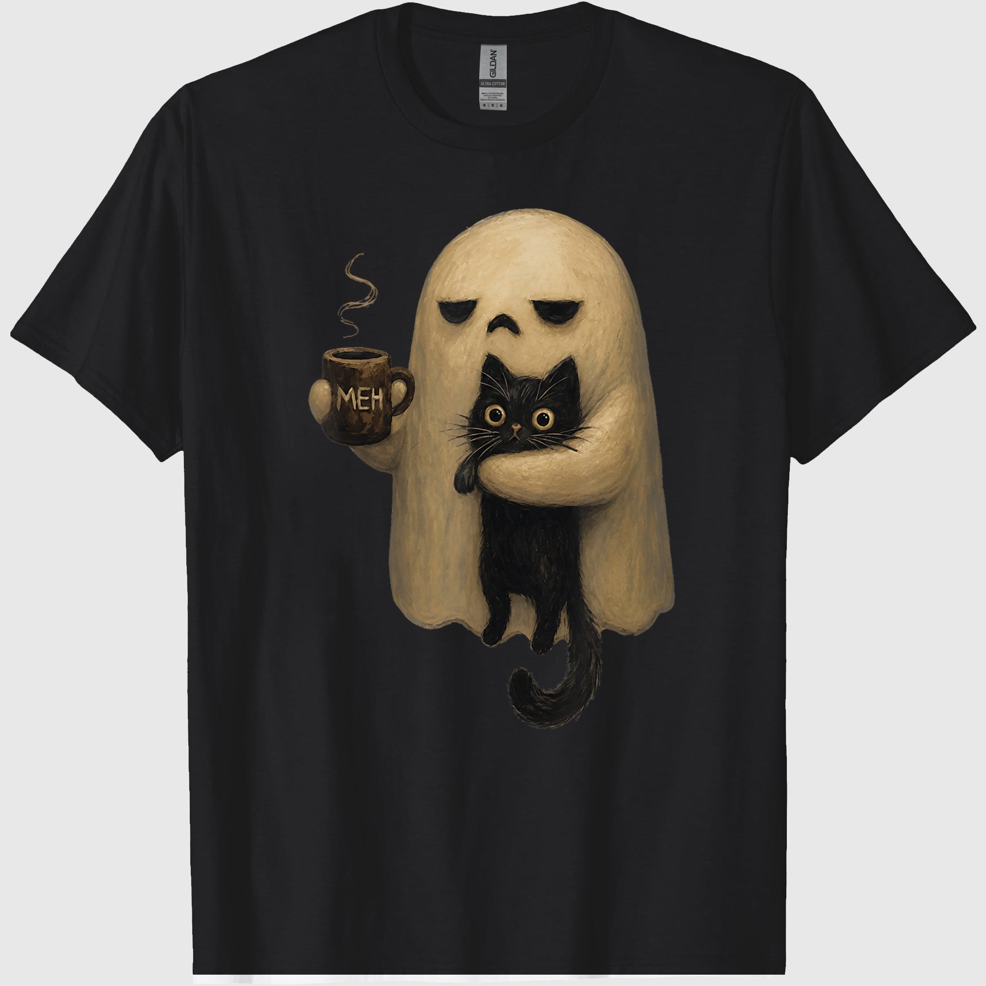 Spooky Ghost Holding Black Cat Coffee Lover Funny Halloween T-Shirt