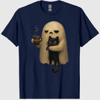 Spooky Ghost Holding Black Cat Coffee Lover Funny Halloween T-Shirt