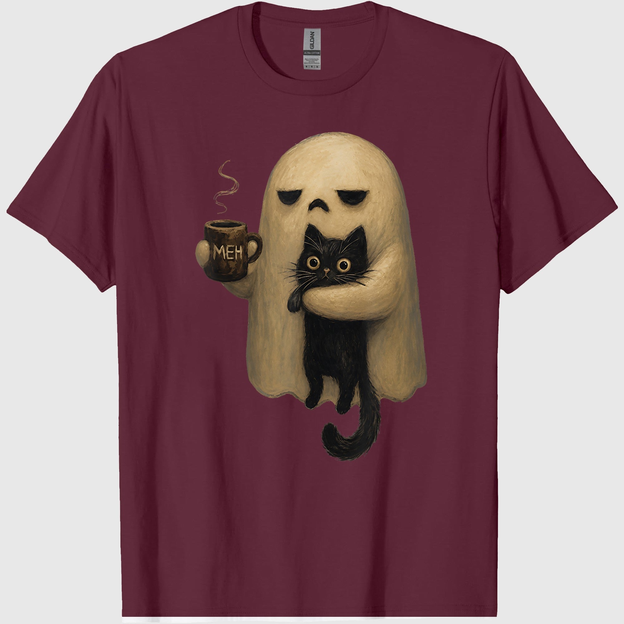 Spooky Ghost Holding Black Cat Coffee Lover Funny Halloween T-Shirt