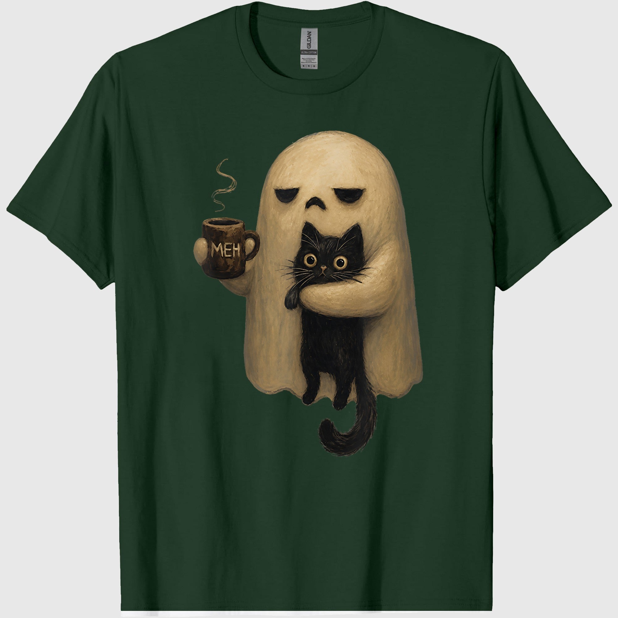 Spooky Ghost Holding Black Cat Coffee Lover Funny Halloween T-Shirt