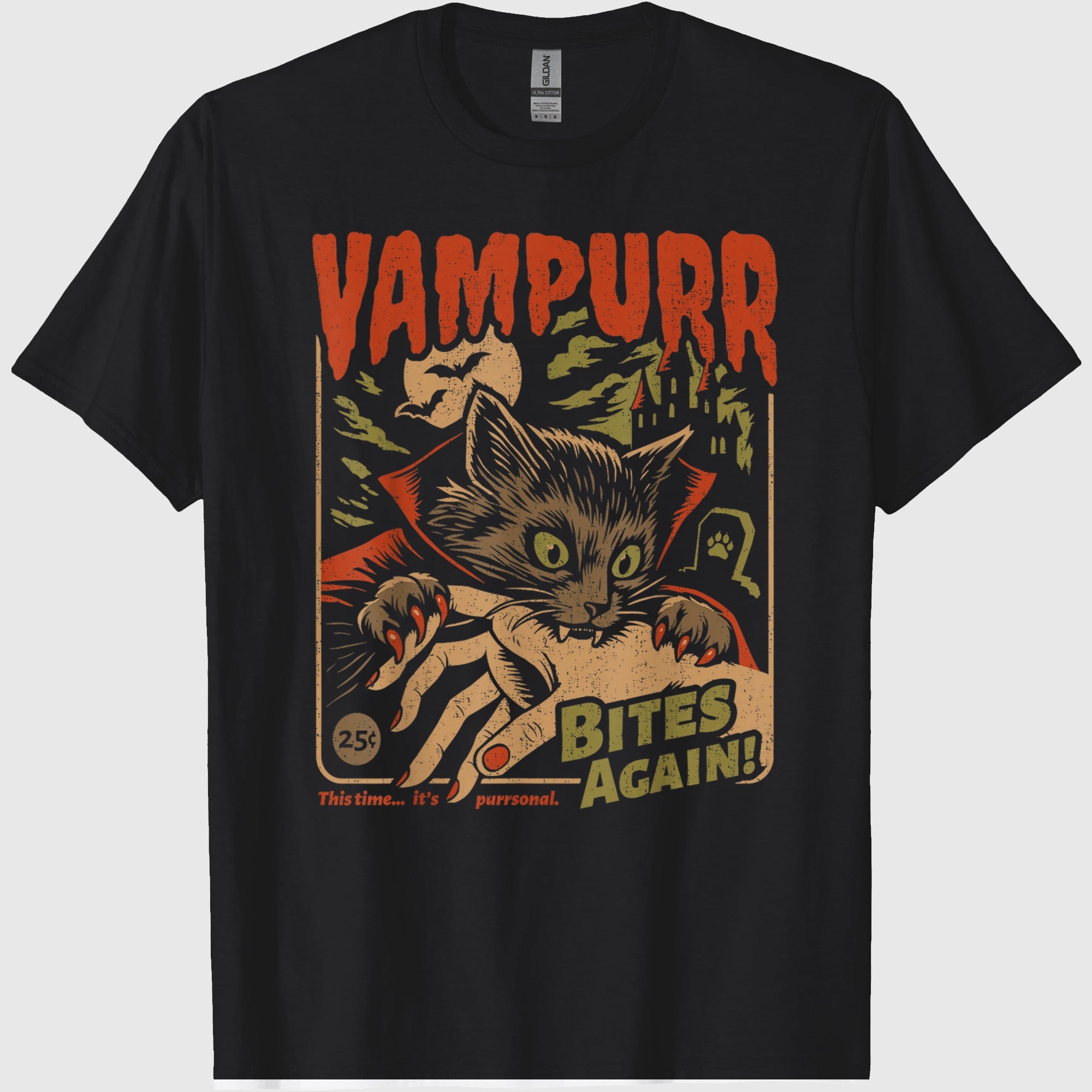 Vampurr Bites Again! Funny Cat Halloween Vintage Graphic T-Shirt