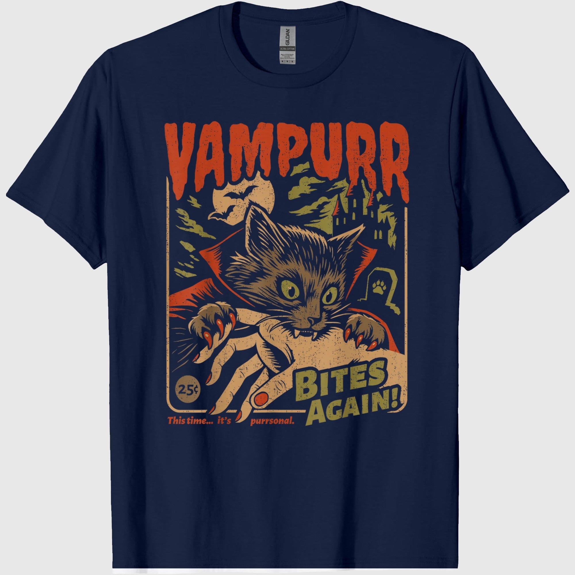 Vampurr Bites Again! Funny Cat Halloween Vintage Graphic T-Shirt