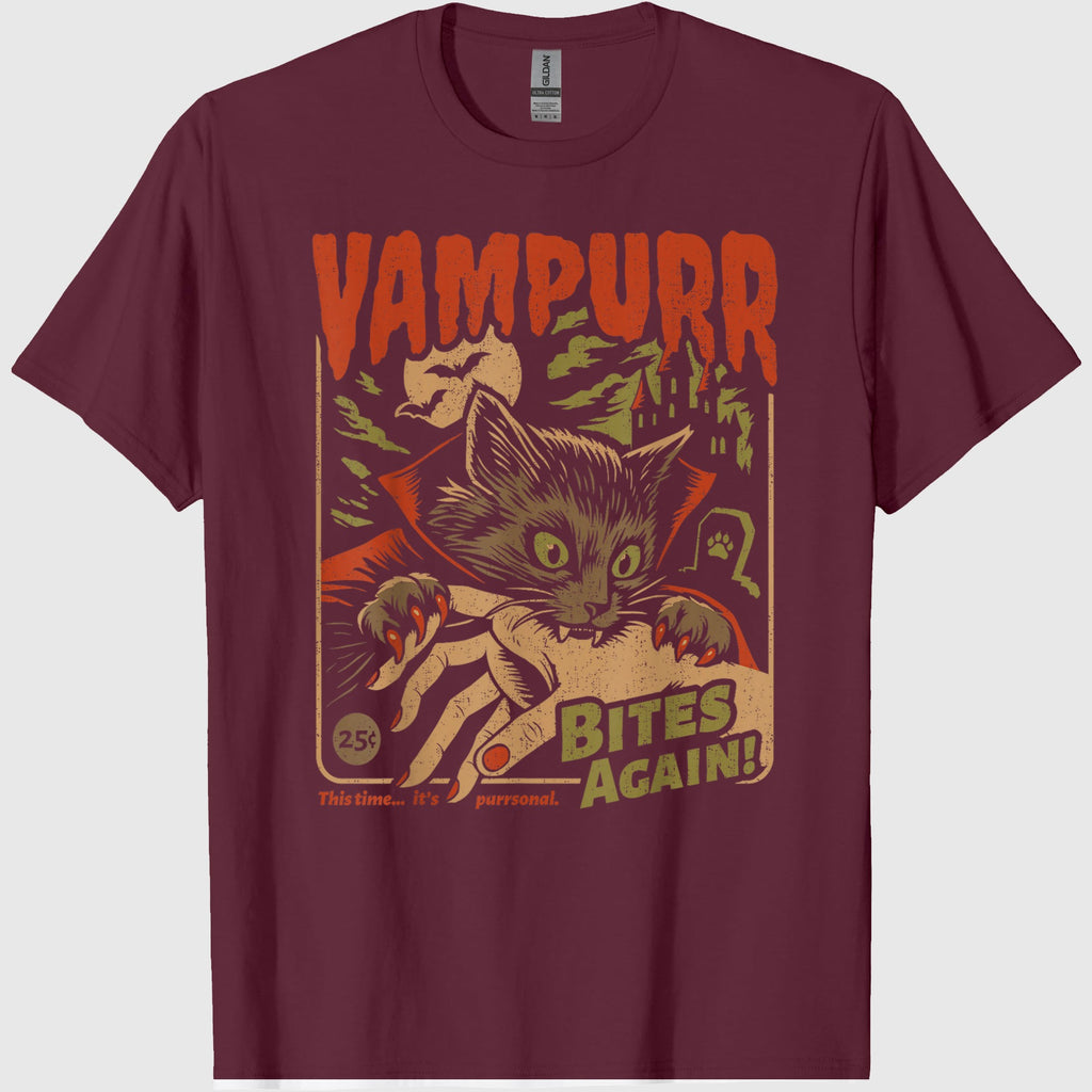 Vampurr Bites Again! Funny Cat Halloween Vintage Graphic T-Shirt