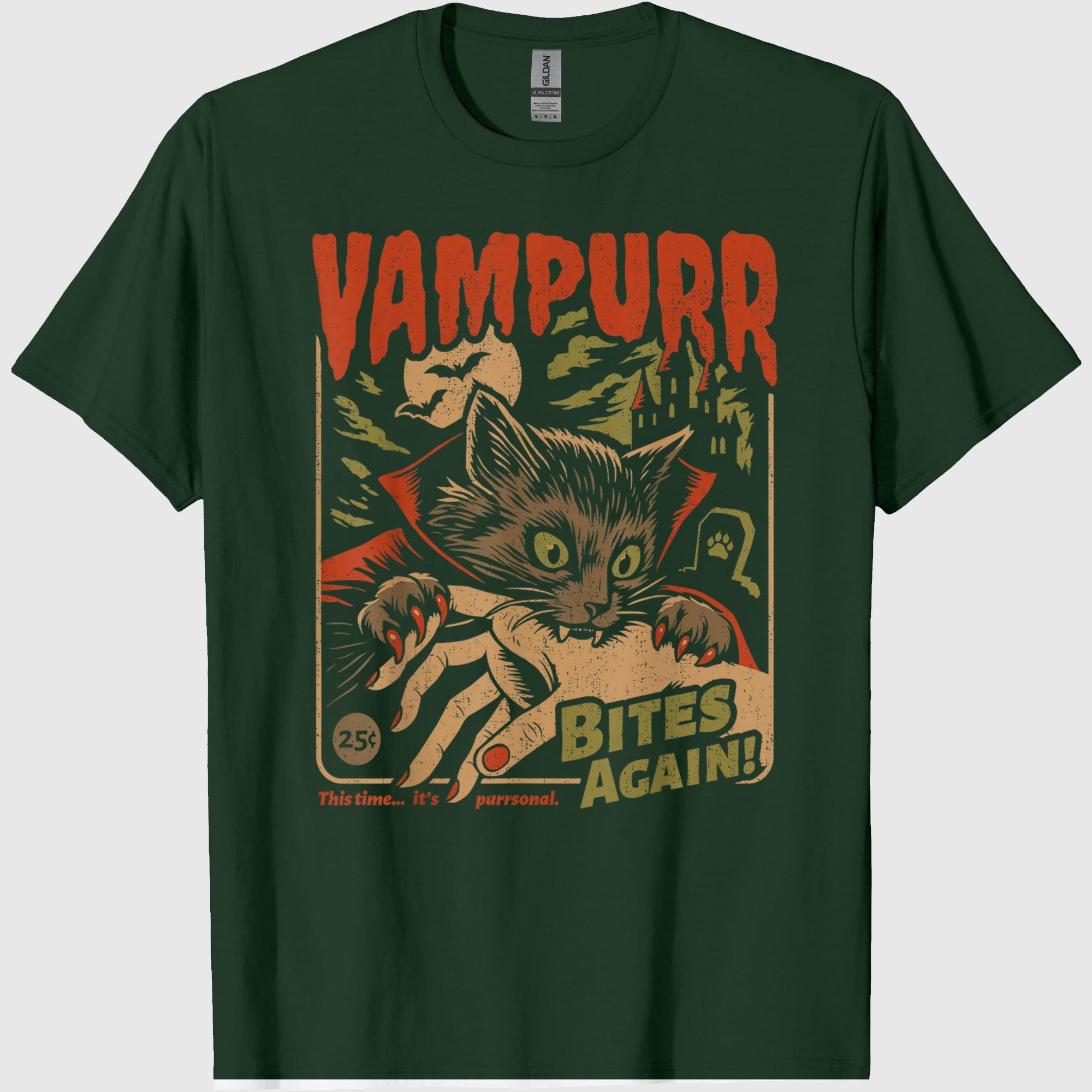 Vampurr Bites Again! Funny Cat Halloween Vintage Graphic T-Shirt