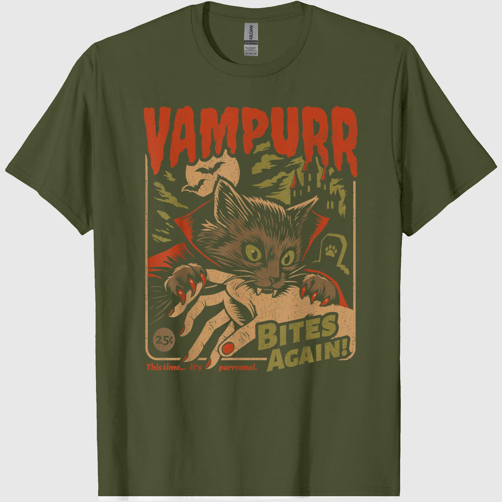 Vampurr Bites Again! Funny Cat Halloween Vintage Graphic T-Shirt