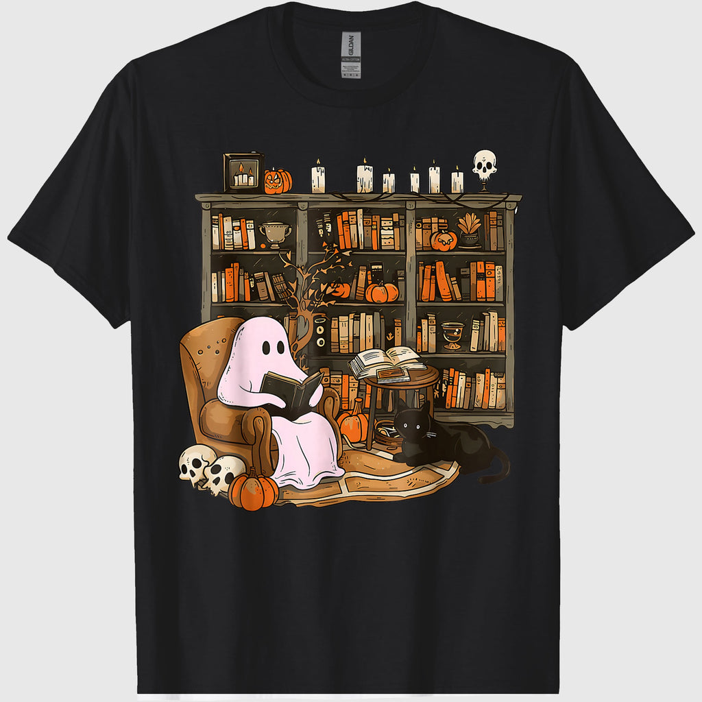 Vintage Ghost Book Reading Pumpkin Gothic Halloween Teachers T-Shirt