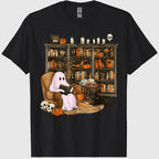 Vintage Ghost Book Reading Pumpkin Gothic Halloween Teachers T-Shirt