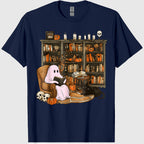Vintage Ghost Book Reading Pumpkin Gothic Halloween Teachers T-Shirt