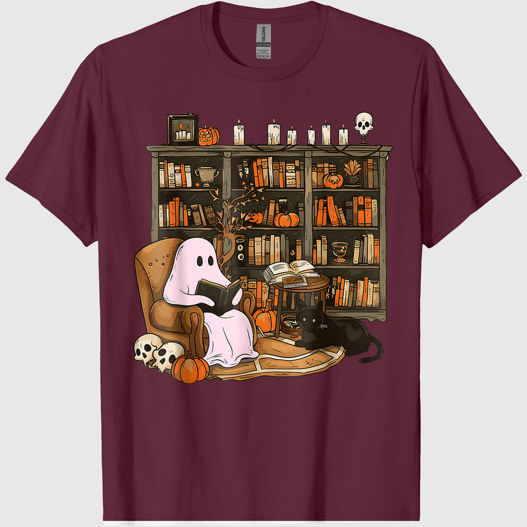 Vintage Ghost Book Reading Pumpkin Gothic Halloween Teachers T-Shirt
